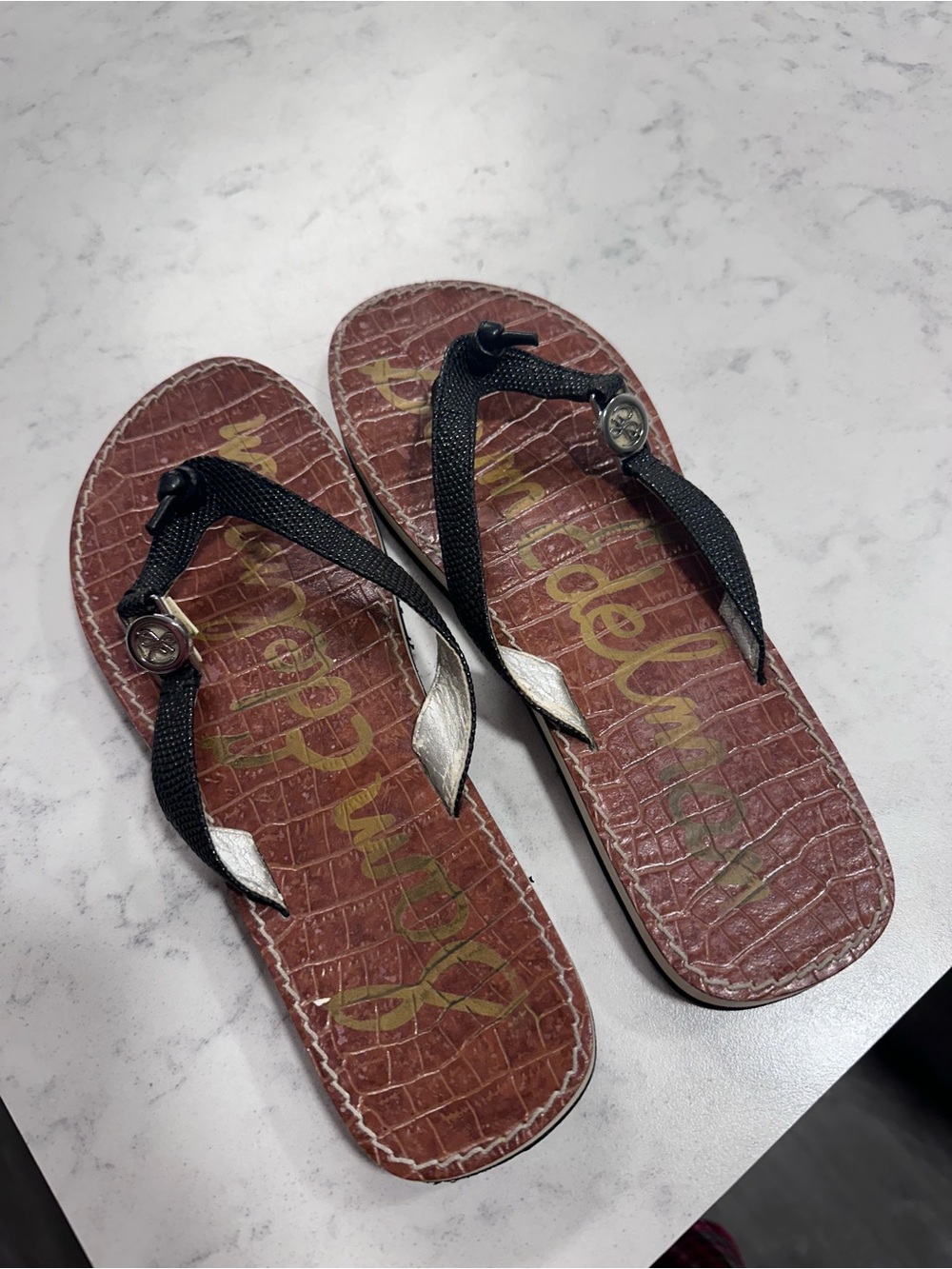 Sam Edelman Black Leather Thong Sandals with Brown Footbed